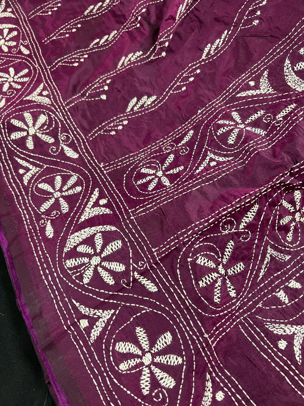 Dark Wine Color Kantha Stitch Saree - Bangalori Silk Saree - Handwoven Kantha Stitch Saree - Kantha Stitch Silk Saree - Kaash