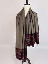 Deep Beige & Black Reversible pashmina wool Kashmiri shawl with reversible floral jacquard weave — Kaash Collection