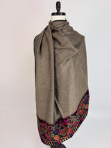 Deep Beige & Black Reversible pashmina wool Kashmiri shawl with reversible floral jacquard weave — Kaash Collection