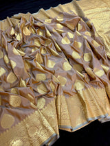 Deep Beige Fawn with undertone of gold Traditional Banarasi Handloom Saree in Banarasi Silk - Kaash