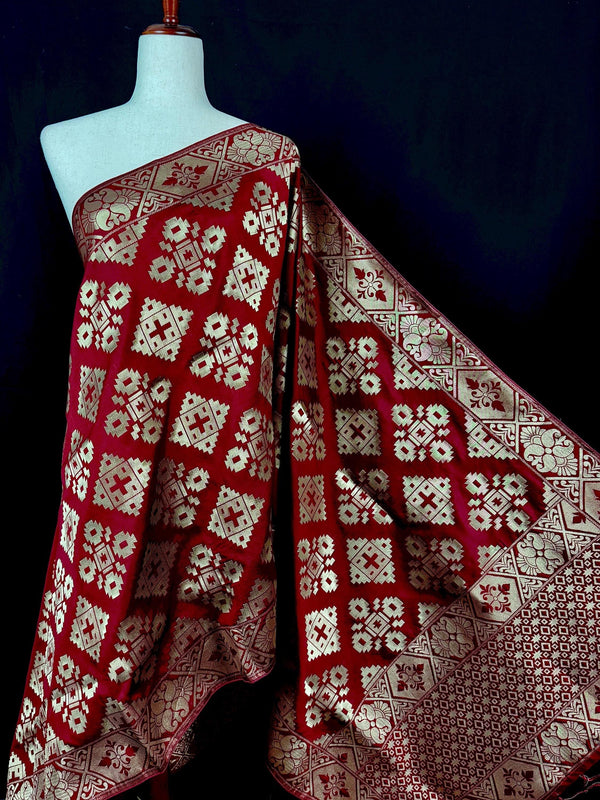 Deep Maroon Color Dupatta with Golden Zari Work- Art Silk Dupatta - Kaash