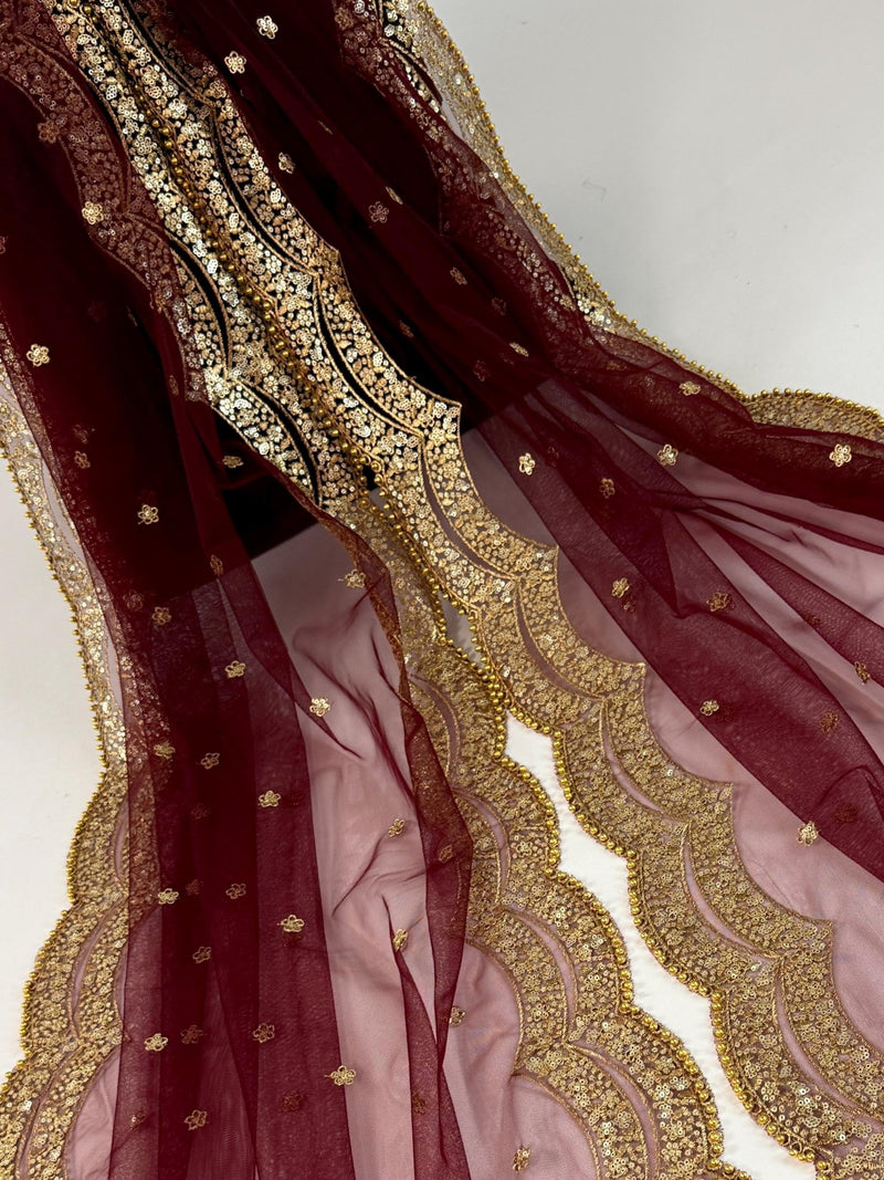 Deep Maroon net dupatta with zari, sequin & beads — Kaash Collection
