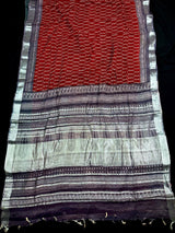 Deep Maroon & Grey Khaadi Ikkat saree in pure khaadi cotton blend with linen with ikkat prints with silver zari borders — Kaash Collection