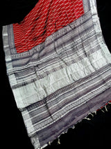 Deep Maroon & Grey Khaadi Ikkat saree in pure khaadi cotton blend with linen with ikkat prints with silver zari borders — Kaash Collection