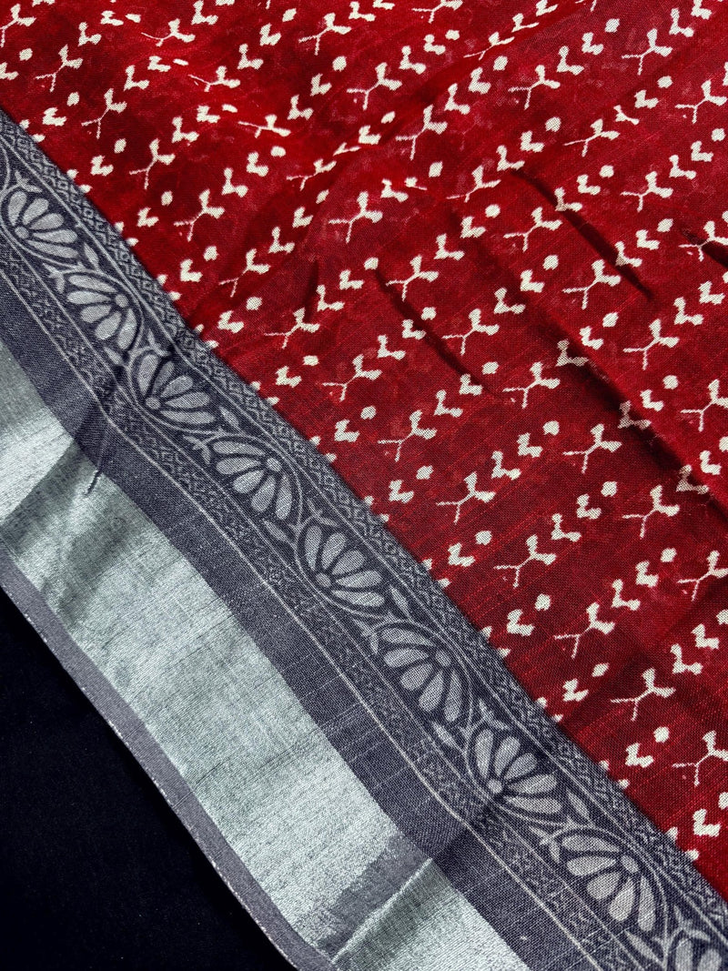 Deep Maroon & Grey Khaadi Ikkat saree in pure khaadi cotton blend with linen with ikkat prints with silver zari borders — Kaash Collection