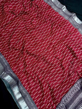 Deep Maroon & Grey Khaadi Ikkat saree in pure khaadi cotton blend with linen with ikkat prints with silver zari borders — Kaash Collection
