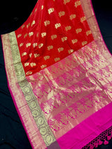 Deep Orange with Olive Green & Pink Banarasi saree in banarasi silk (non-pure) with wide 7" border with floral pattern — Kaash Collection
