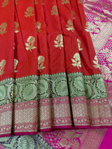 Deep Orange with Olive Green & Pink Banarasi saree in banarasi silk (non-pure) with wide 7" border with floral pattern — Kaash Collection