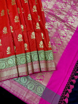 Deep Orange with Olive Green & Pink Banarasi saree in banarasi silk (non-pure) with wide 7" border with floral pattern — Kaash Collection