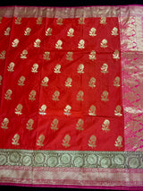 Deep Orange with Olive Green & Pink Banarasi saree in banarasi silk (non-pure) with wide 7" border with floral pattern — Kaash Collection