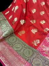 Deep Orange with Olive Green & Pink Banarasi saree in banarasi silk (non-pure) with wide 7" border with floral pattern — Kaash Collection