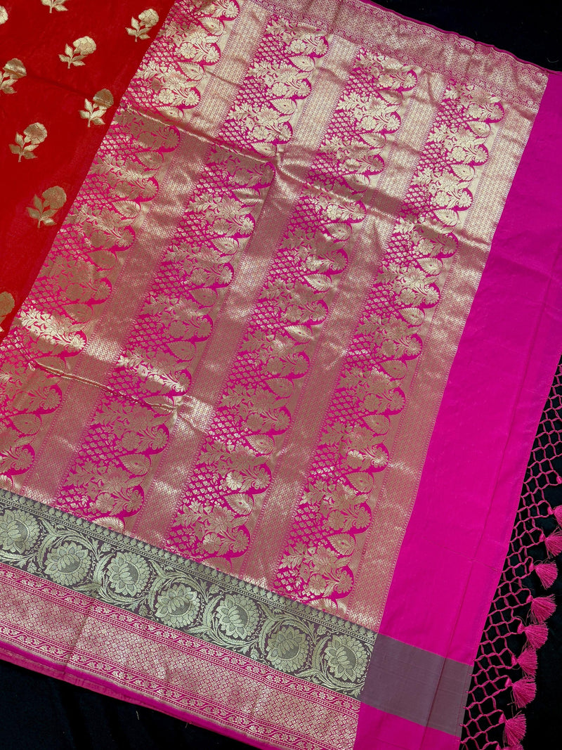 Deep Orange Color Saree with Pink Combination Traditional Handloom Banarasi Saree with wide Border | Orange Color Banarasi Silk Saree - Kaash