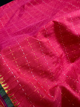 Deep Pink cotton saree with kantha stitch with zari temple border — Kaash Collection