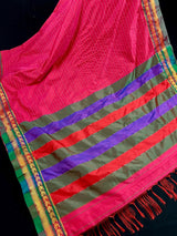 Deep Pink cotton saree with kantha stitch with zari temple border — Kaash Collection