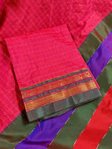 Deep Pink cotton saree with kantha stitch with zari temple border — Kaash Collection