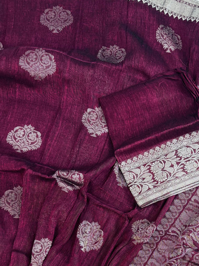 Deep Purple Bengal Linen saree in bengal linen with silver zari weaving on bengal linen — Kaash Collection