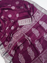 Deep Purple Bengal Linen saree in bengal linen with silver zari weaving on bengal linen — Kaash Collection