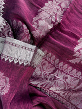 Deep Purple Bengal Linen saree in bengal linen with silver zari weaving on bengal linen — Kaash Collection