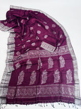 Deep Purple Bengal Linen saree in bengal linen with silver zari weaving on bengal linen — Kaash Collection