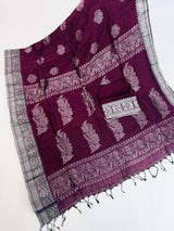 Deep Purple Bengal Linen saree in bengal linen with silver zari weaving on bengal linen — Kaash Collection