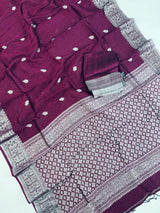 Deep Purple Color Bengal Linen Handwoven Saree with Sliver Zari Weave with small Buttis - Kaash