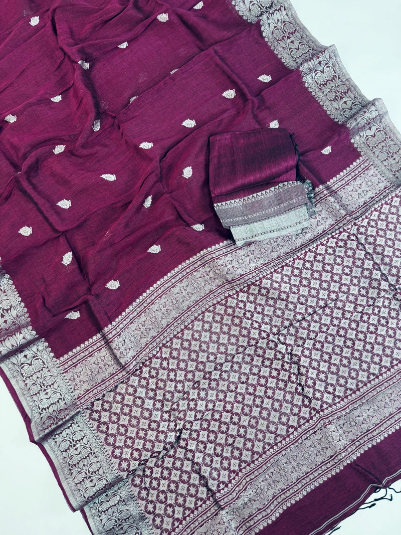 Deep Purple Color Bengal Linen Handwoven Saree with Sliver Zari Weave with small Buttis - Kaash