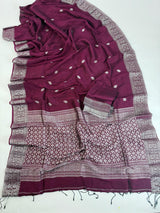 Deep Purple Color Bengal Linen Handwoven Saree with Sliver Zari Weave with small Buttis - Kaash