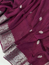 Deep Purple Color Bengal Linen Handwoven Saree with Sliver Zari Weave with small Buttis - Kaash