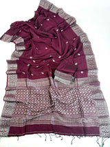 Deep Purple Color Bengal Linen Handwoven Saree with Sliver Zari Weave with small Buttis - Kaash