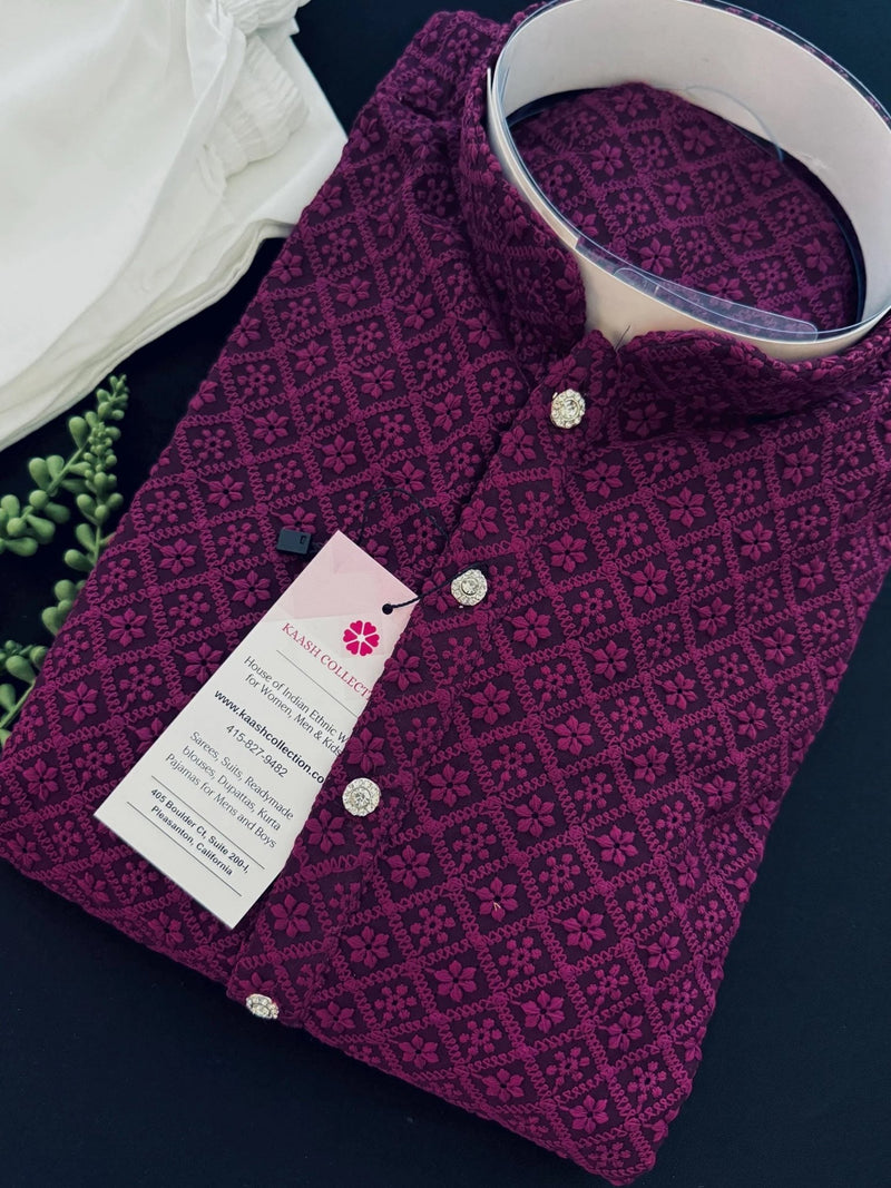 Deep Purple men's kurta pajama in georgette with lucknowi chikankari embroidery — Kaash Collection