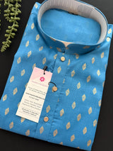 Deep Sky Blue Color Premium Pure Cotton Mens Kurta Pajama Set with small Self design Butti - Kaash