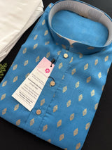 Deep Sky Blue Color Premium Pure Cotton Mens Kurta Pajama Set with small Self design Butti - Kaash