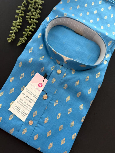 Deep Sky Blue men's kurta pajama in pure cotton with small gold buttis on cotton — Kaash Collection