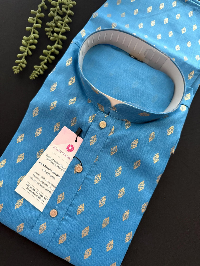 Deep Sky Blue Color Premium Pure Cotton Mens Kurta Pajama Set with small Self design Butti - Kaash
