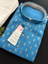 Deep Sky Blue Color Premium Pure Cotton Mens Kurta Pajama Set with small Self design Butti - Kaash