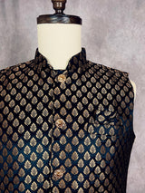 Black men's Nehru/Modi jacket in soft banarasi silk with gold zari buttis — Kaash Collection