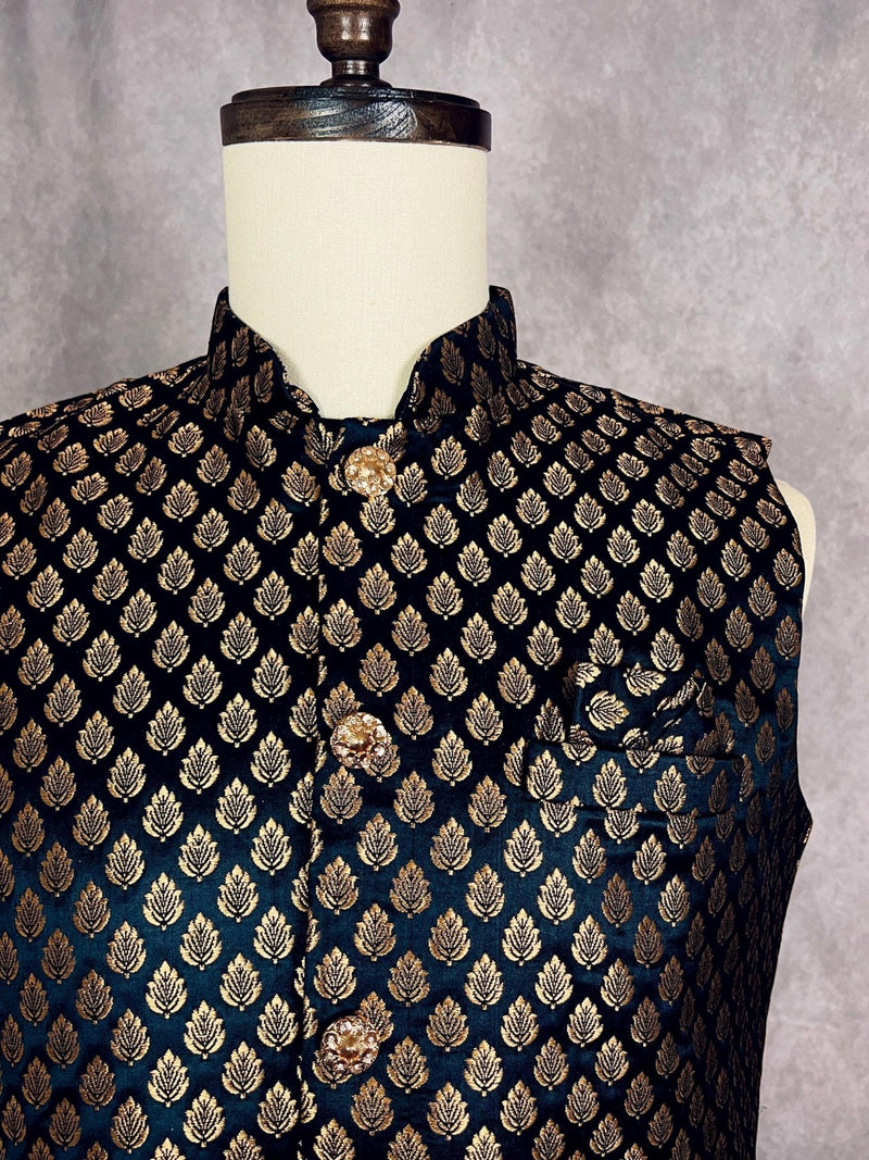 Black men's Nehru/Modi jacket in soft banarasi silk with gold zari buttis — Kaash Collection