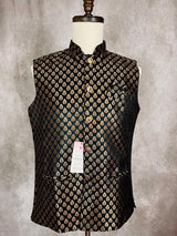 Black men's Nehru/Modi jacket in soft banarasi silk with gold zari buttis — Kaash Collection