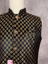 Black men's Nehru/Modi jacket in soft banarasi silk with gold zari buttis — Kaash Collection