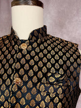 Black men's Nehru/Modi jacket in soft banarasi silk with gold zari buttis — Kaash Collection