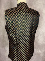 Black men's Nehru/Modi jacket in soft banarasi silk with gold zari buttis — Kaash Collection