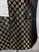 Black men's Nehru/Modi jacket in soft banarasi silk with gold zari buttis — Kaash Collection