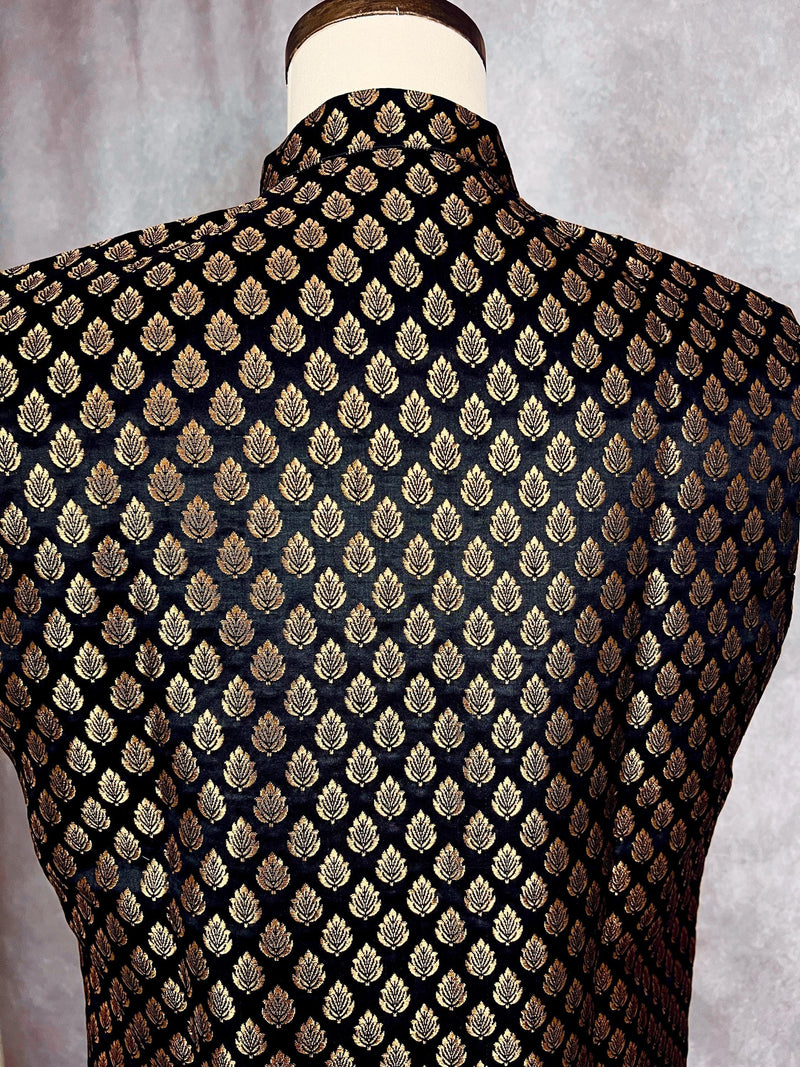Designer Black Color Banarasi Modi Nehru Jacket For Men in Soft Banarasi Silk with Gold Buttis | Men Wedding Jackets | Men Party Wear Jacket - Kaash