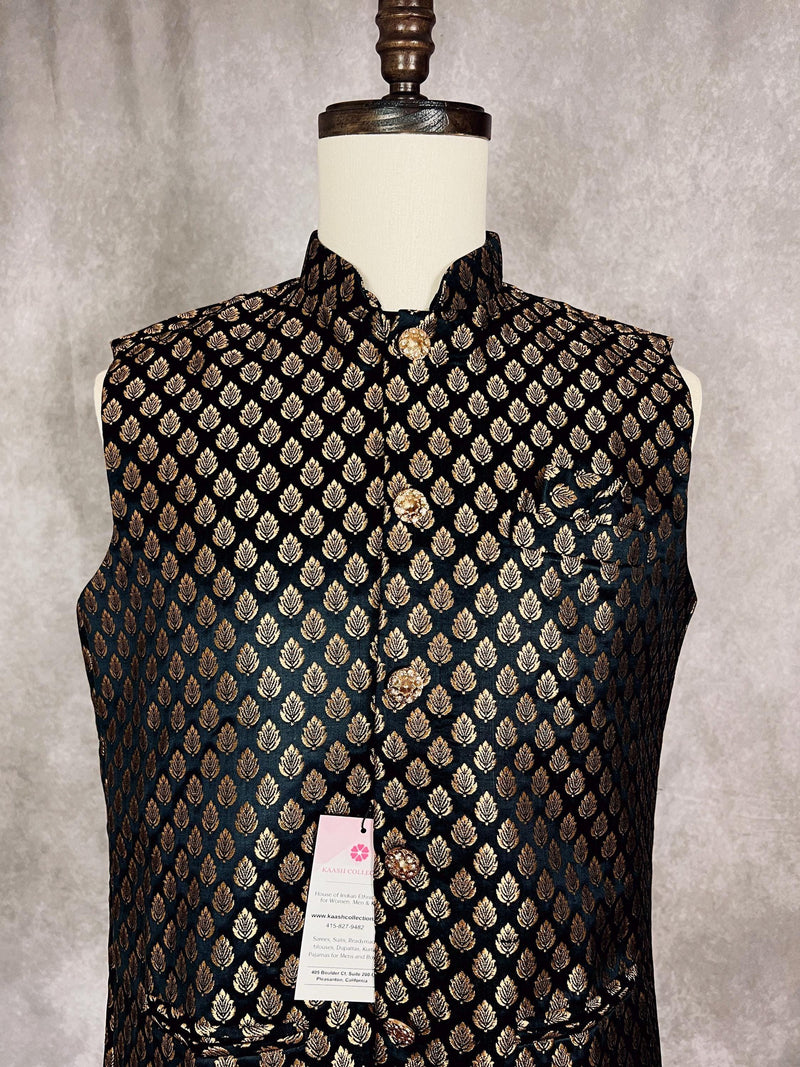 Designer Black Color Banarasi Modi Nehru Jacket For Men in Soft Banarasi Silk with Gold Buttis | Men Wedding Jackets | Men Party Wear Jacket - Kaash