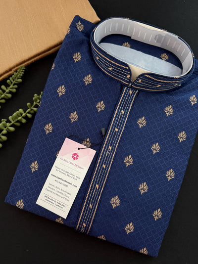Blue men's kurta pajama in soft silk (non-pure) with self-design with copper zari floral buttis — Kaash Collection