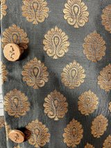 Gray men's Nehru/Modi jacket in soft banarasi silk with gold zari floral buttis — Kaash Collection