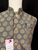 Gray men's Nehru/Modi jacket in soft banarasi silk with gold zari floral buttis — Kaash Collection