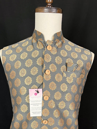 Gray men's Nehru/Modi jacket in soft banarasi silk with gold zari floral buttis — Kaash Collection