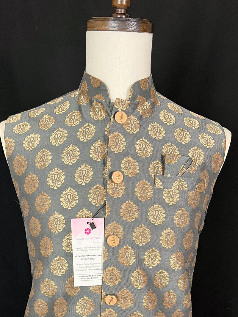 Gray men's Nehru/Modi jacket in soft banarasi silk with gold zari floral buttis — Kaash Collection