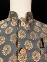 Gray men's Nehru/Modi jacket in soft banarasi silk with gold zari floral buttis — Kaash Collection